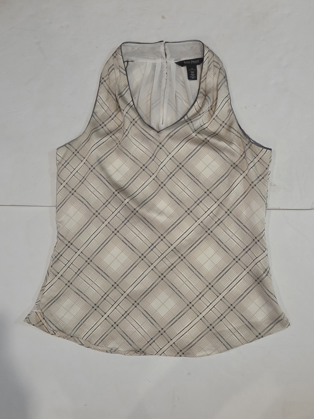 White House Black Market Cream and Black Plaid V-Neck Camisole